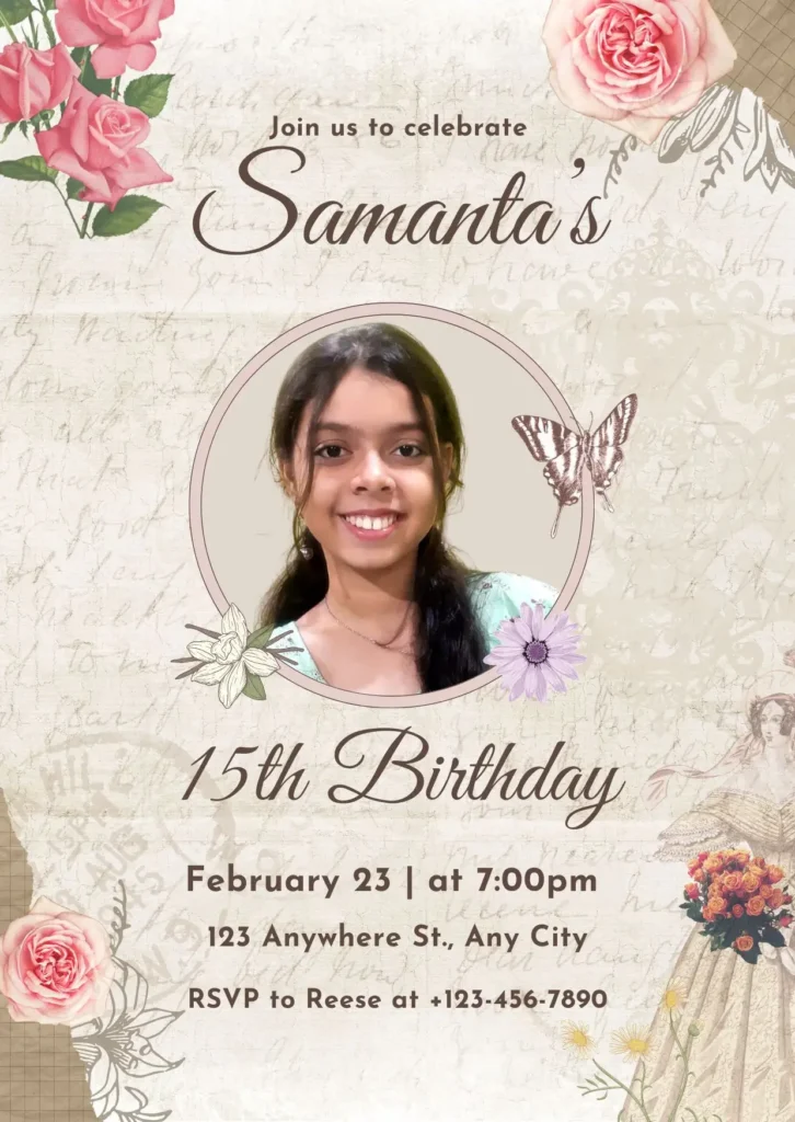 Beige Vintage 15th Birthday Invitation