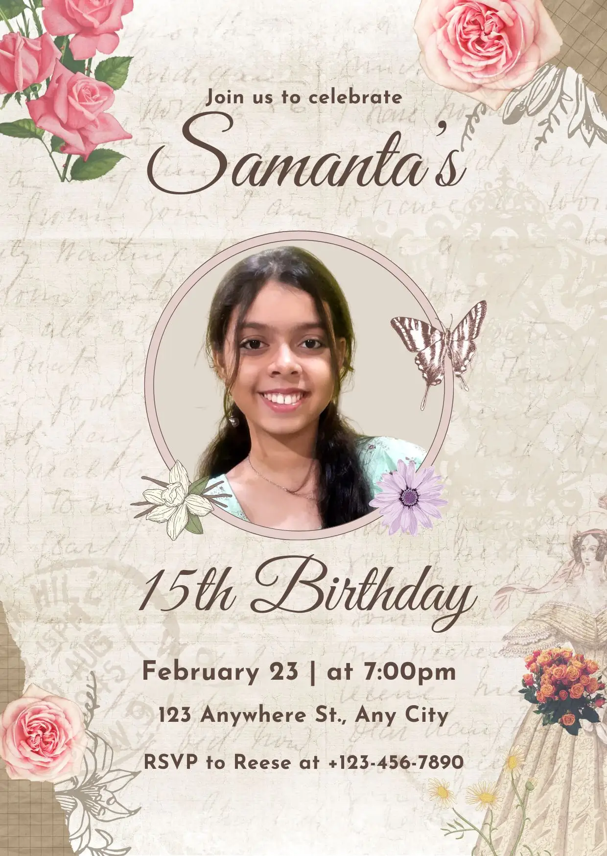 Beige Vintage 15th Birthday Invitation